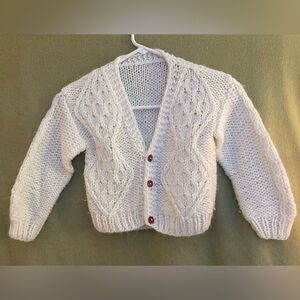 Child’s White Hand Knit Three Button Cardigan Sweater See Measurements